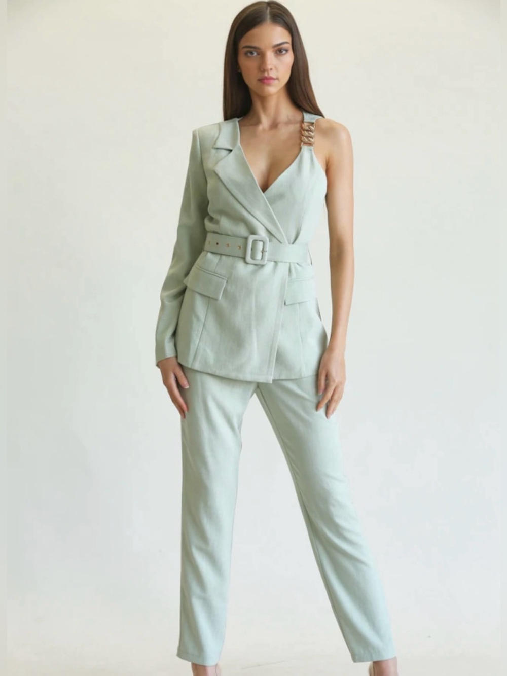 Asymmetrical One-Shoulder Belted Trouser set in Sage Green